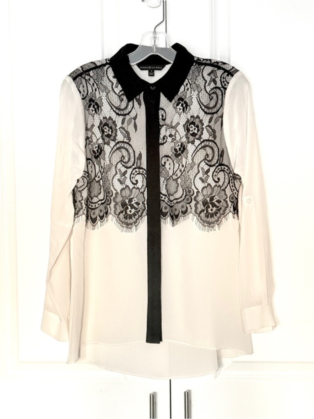 Dora Landa Silk Blouse Black Lace Sheer Panel Button Front Roll Sleeve Top S